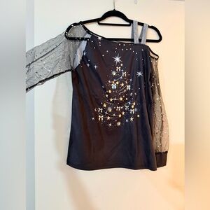 Black Off-Shoulder Top with Starry Christmas tree Design